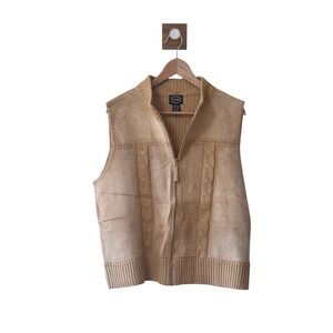 Designers Studio Originals Womens XL Tan Suede Cable Knit Zip Up Vest NWOT